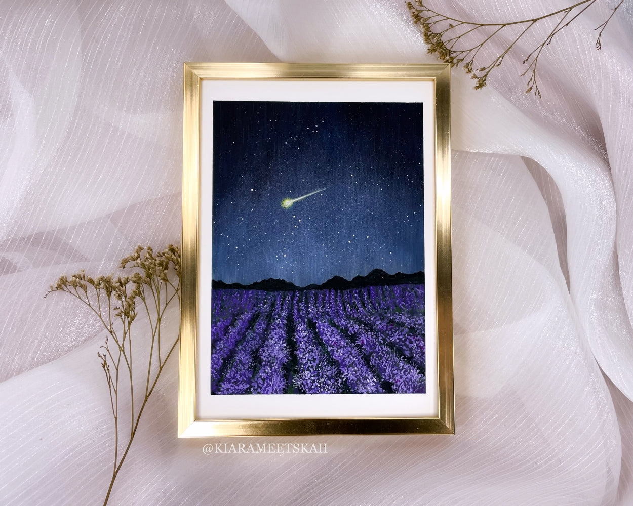 "Shooting Star Over Lavender Field" Gouache Painting (Original Artwork)