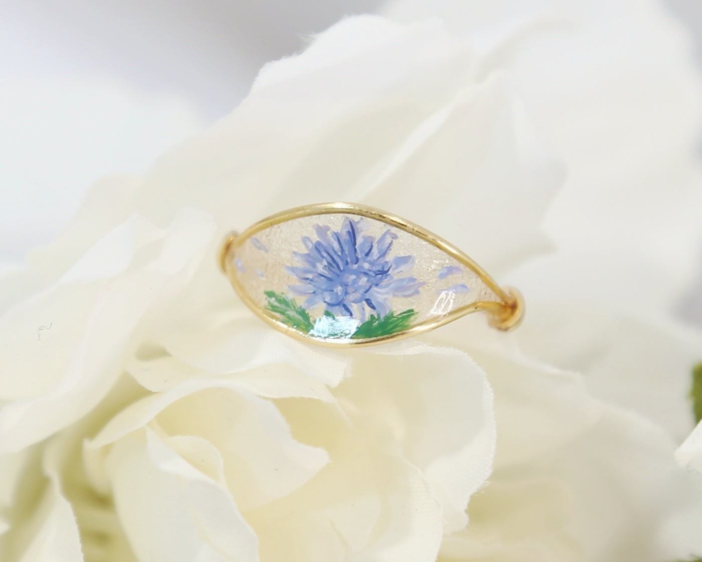 Blue Chrysanthemum Flower Ring / Gold & Silver
