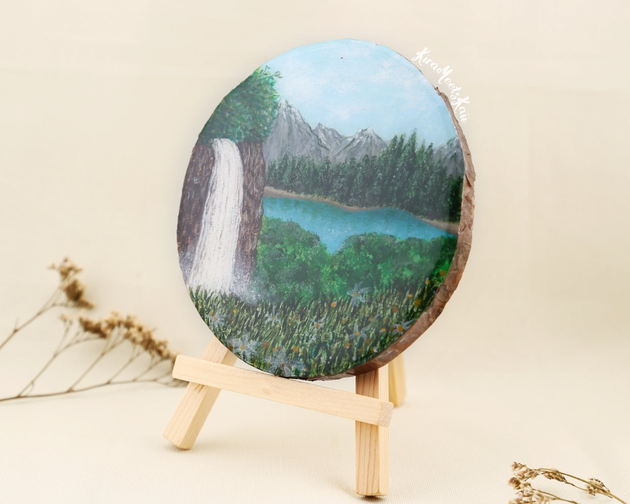 "Nature's Symphony" Waterfall Cascading into a Blue-Green Haven, Acrylic Painting on Wood