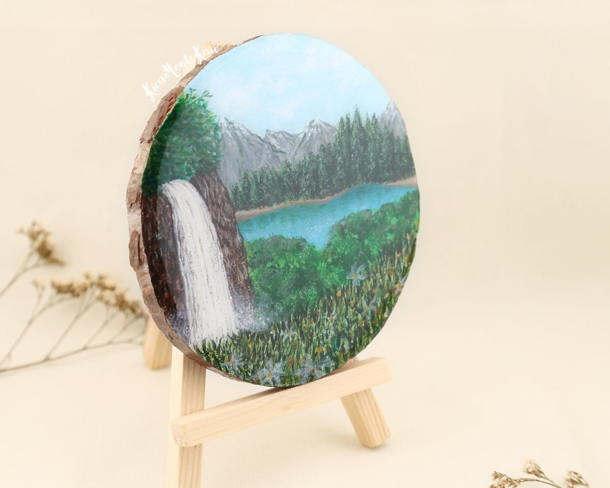 "Nature's Symphony" Waterfall Cascading into a Blue-Green Haven, Acrylic Painting on Wood