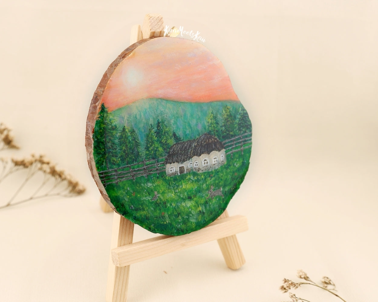 "Golden Dusk" Hares at Home in the Woodland, Acrylic Painting on Wood