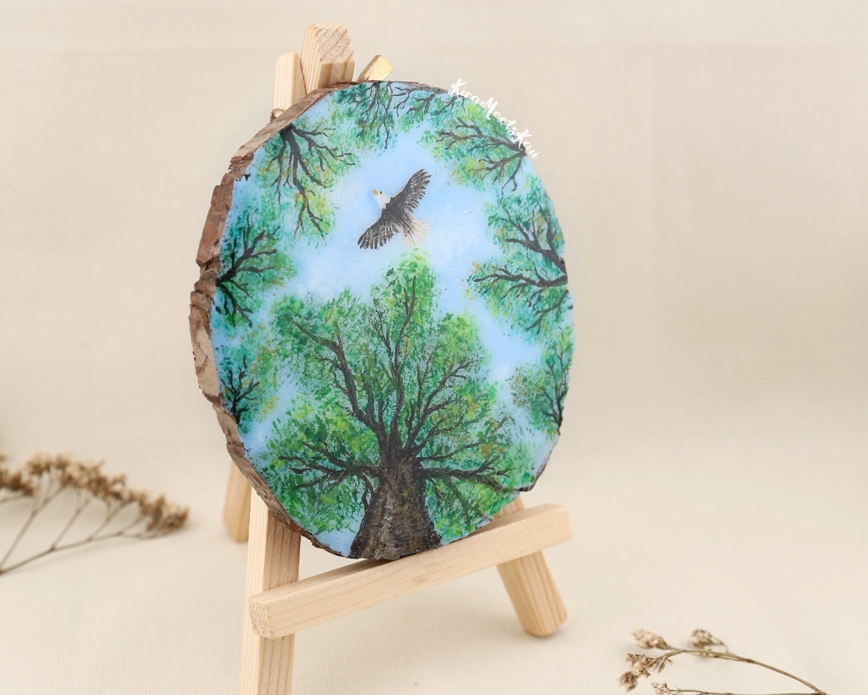 "Sovereign Sky" Eagle Soaring Above the Verdant Canopy, Acrylic Painting on Wood