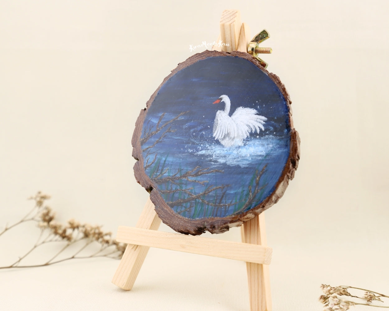 "Moonlit Elegance" Swan Unfolding Under the Stars, Acrylic Painting on Wood
