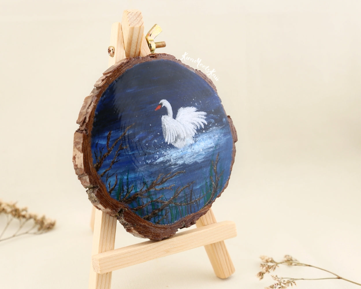 "Moonlit Elegance" Swan Unfolding Under the Stars, Acrylic Painting on Wood