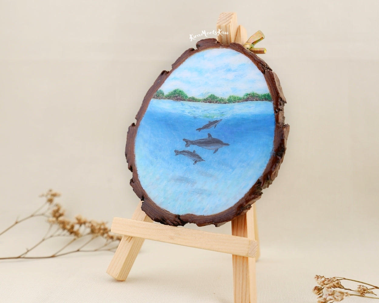 "Graceful Dance" Dolphins in the Turquoise Waves, Acrylic Painting on Wood