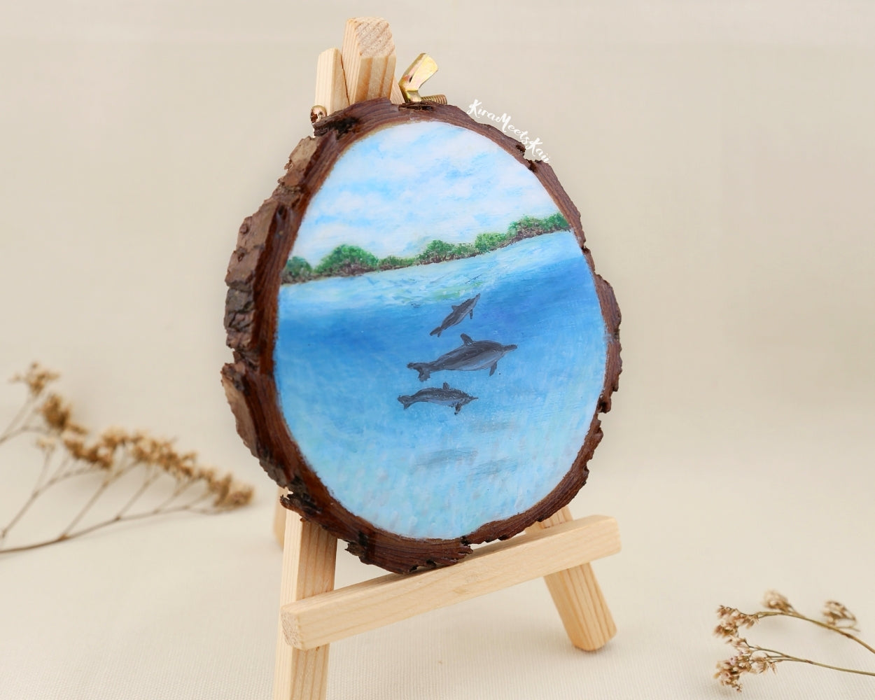"Graceful Dance" Dolphins in the Turquoise Waves, Acrylic Painting on Wood