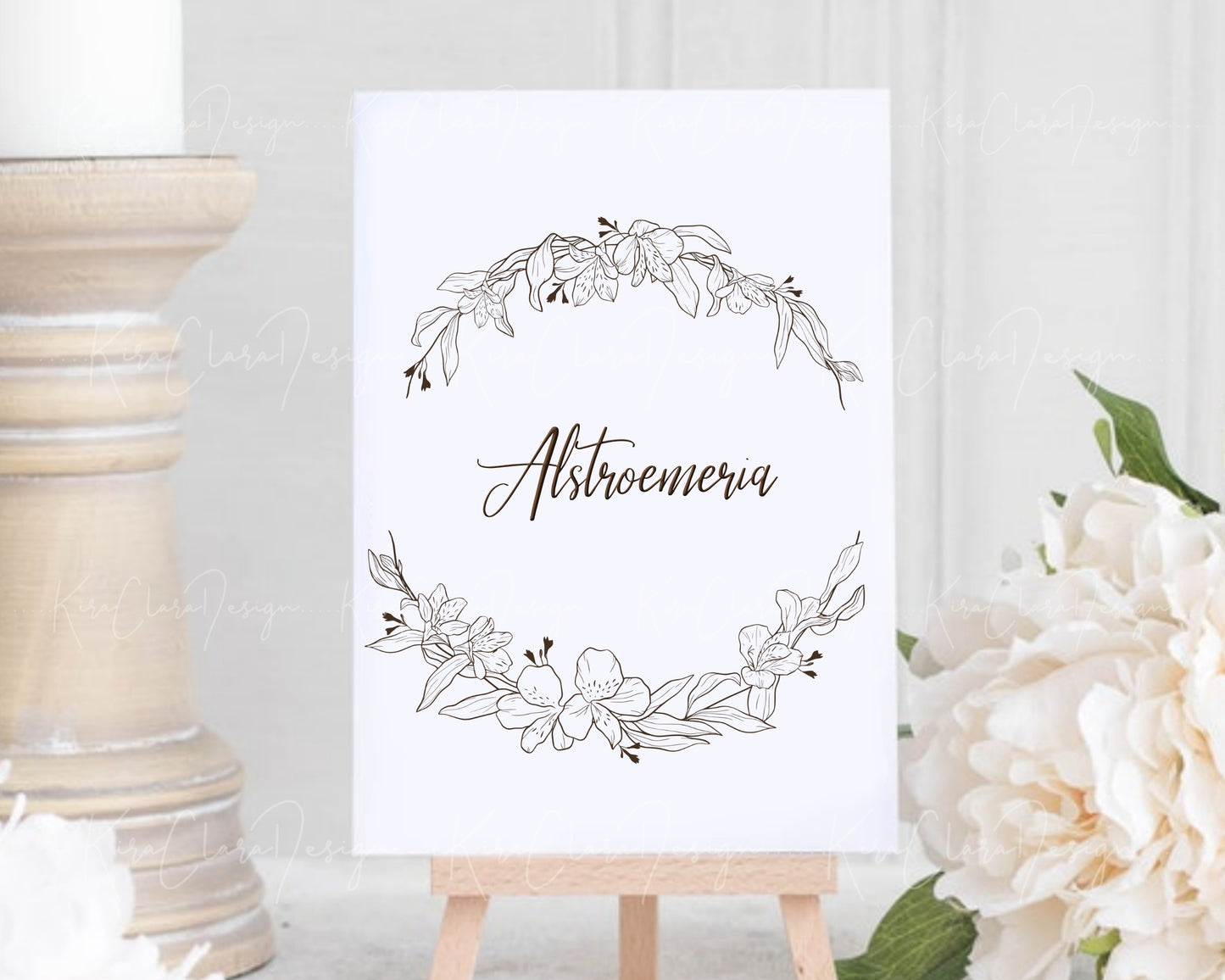 Alstroemeria Flower (Peruvian Lily) Half Wreath Clipart/ Black & White