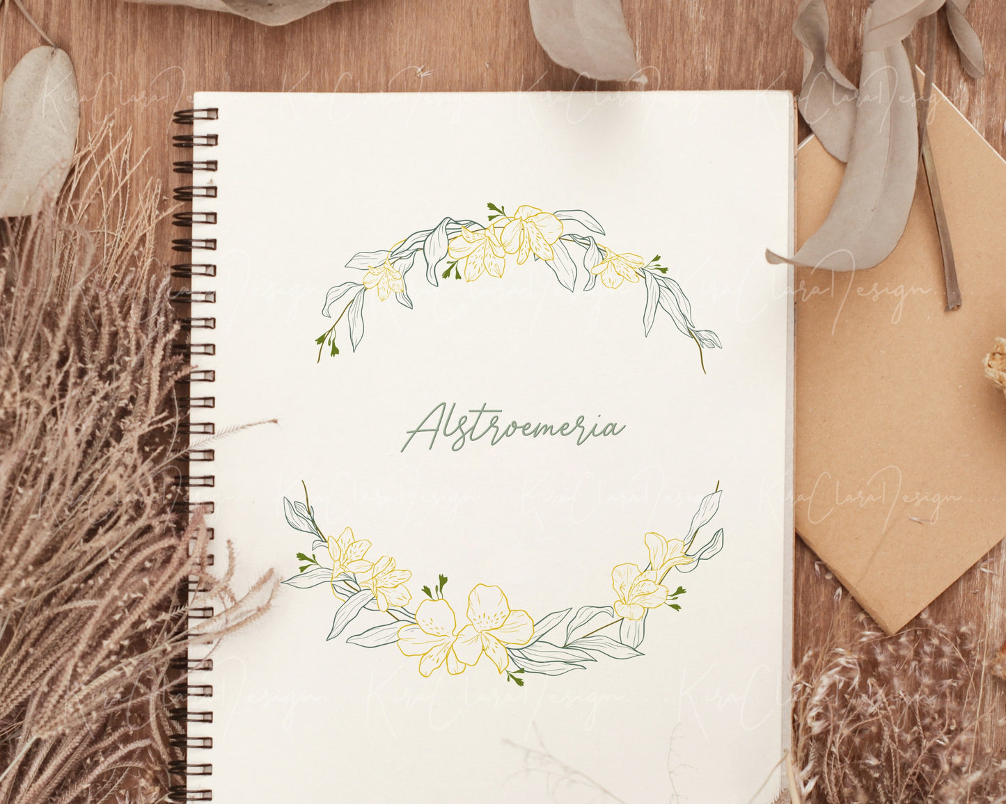Alstroemeria Flower (Peruvian Lily) Half Wreath Clipart/ Color Outline