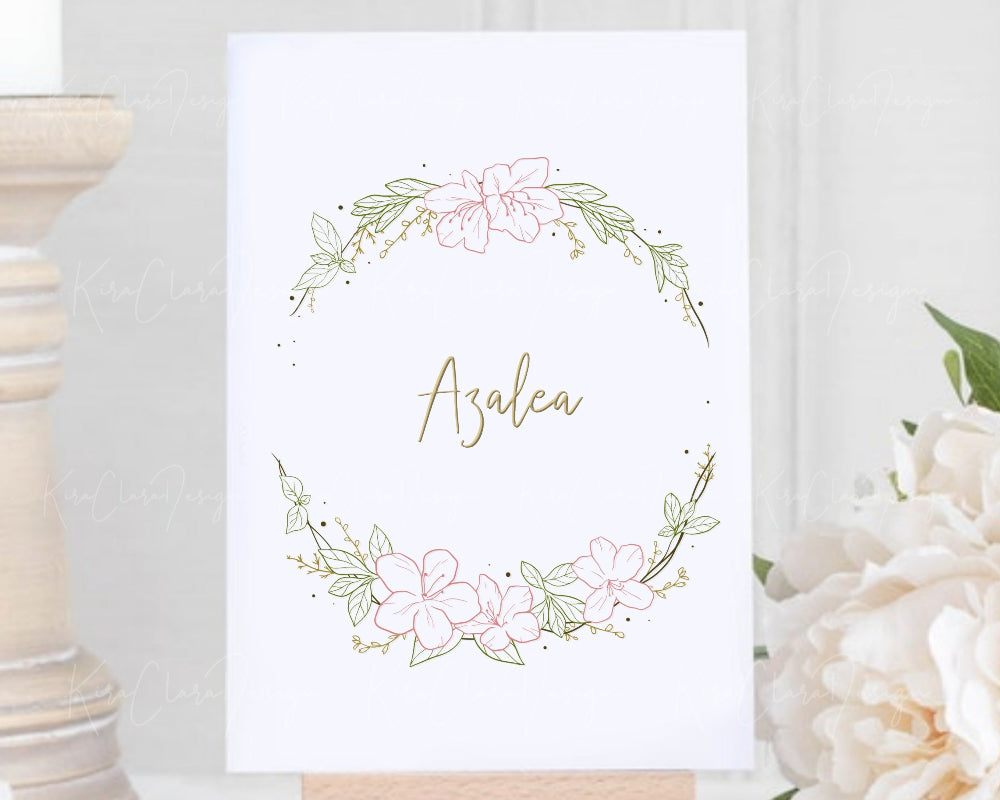 Hand-drawn Azalea flower botanical wreath vector and clipart illustration in black & white for digital download.