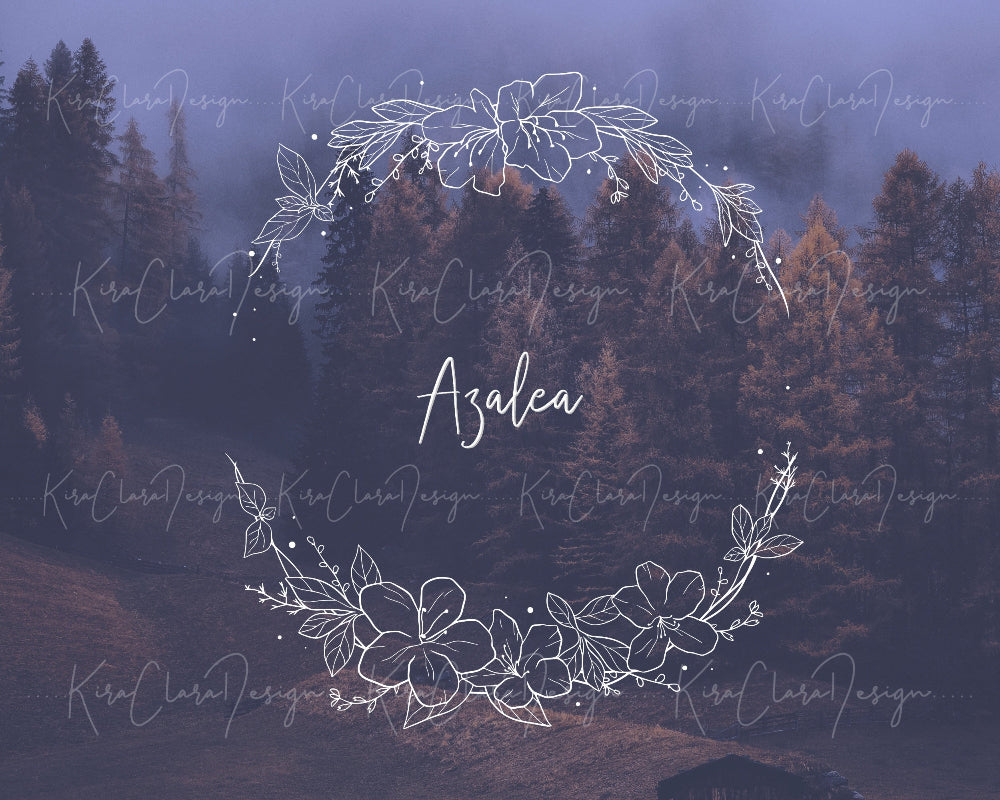 Hand-drawn Azalea flower botanical wreath vector and clipart illustration in black & white for digital download.
