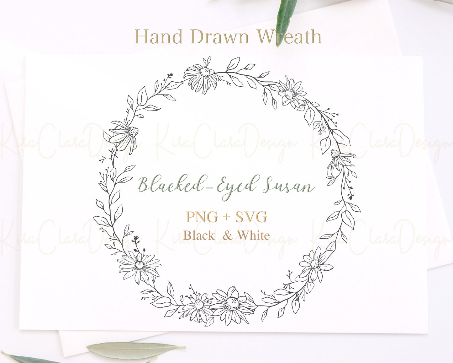 Black-Eyed Susan Flower Full Wreath Clipart Download / Black & White Color
