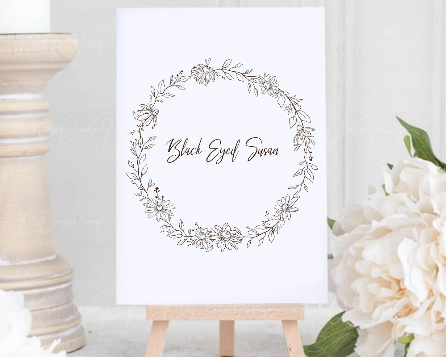 Black-Eyed Susan Flower Full Wreath Clipart Download / Black & White Color