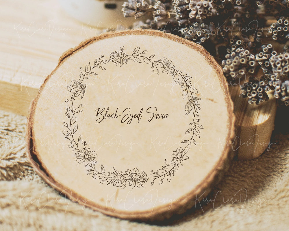 Hand-drawn Blacked-eyed Susan floral wreath vector and clipart illustration in black and white for digital download.