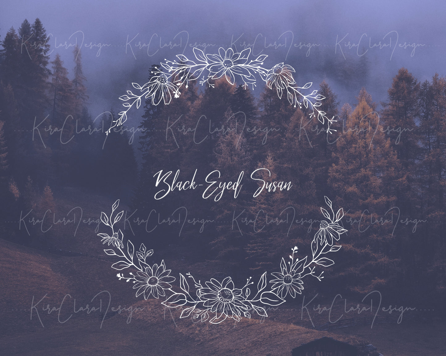 Black-Eyed Susan Flower Half Wreath Clipart Download / Black & White Color