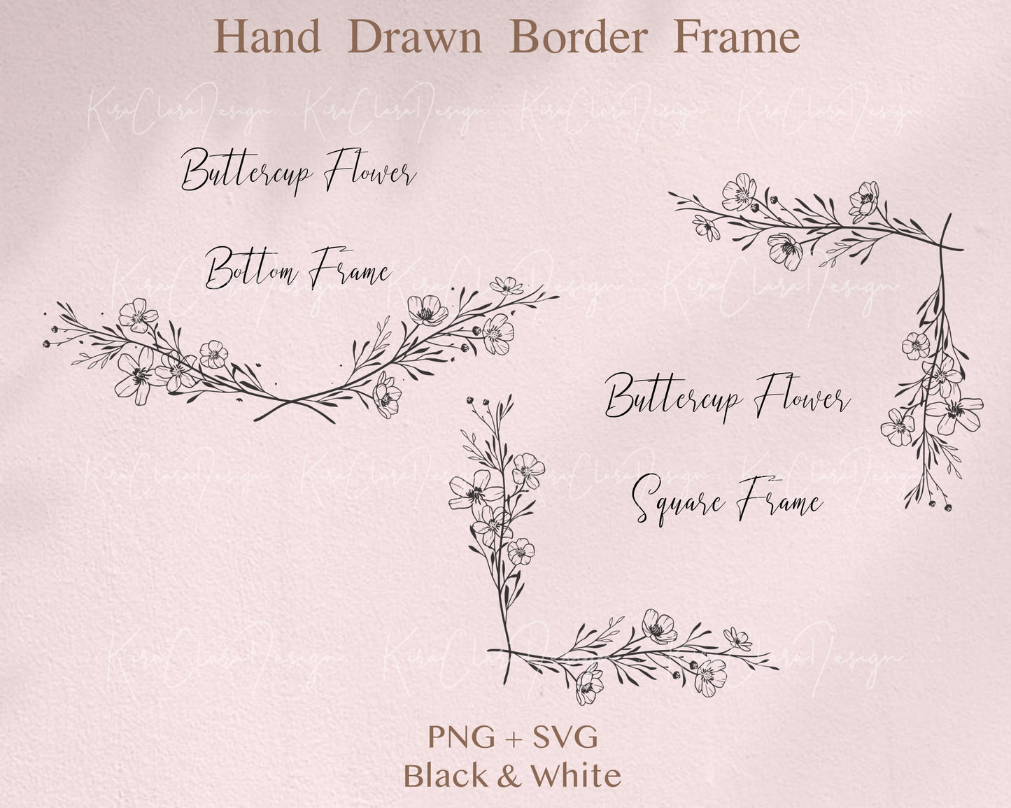 Buttercup Flower Bottom Frame & Square Corner Frame Clipart/ Black & White