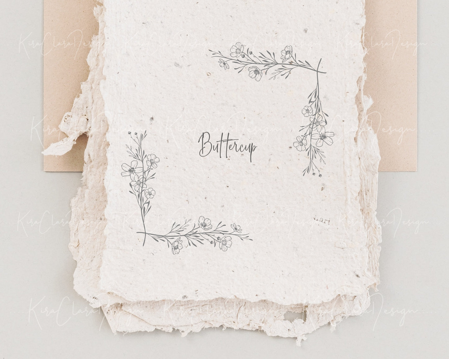 Buttercup Flower Bottom Frame & Square Corner Frame Clipart/ Black & White
