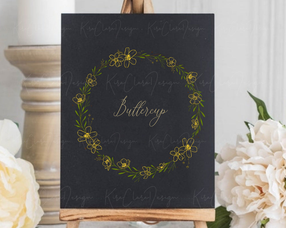 Hand-drawn Buttercup flower botanical wreath vector and clipart colored illustration for digital download.