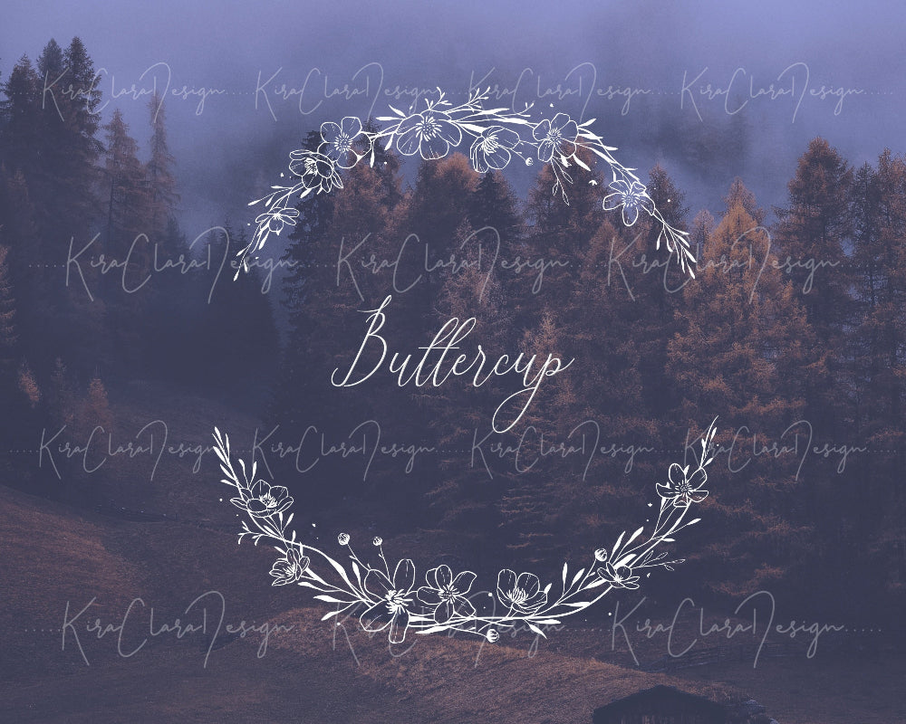 Hand-drawn Buttercup flower botanical wreath vector and clipart colored illustration for digital download.