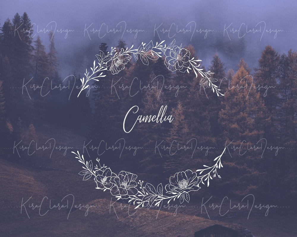 Hand-drawn Camellia floral wreath vector and clipart illustration in black and white for digital download.