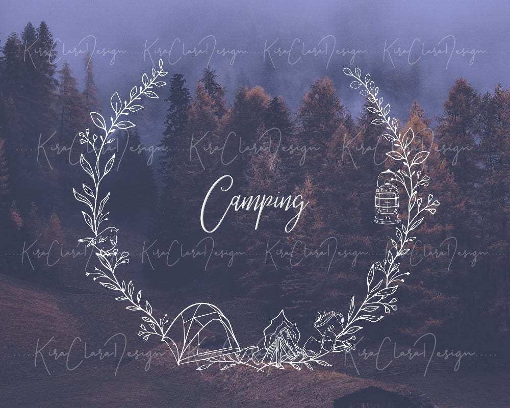 Hand-drawnCamping themed botanical wreath vector and clipart illustration in black and white for digital download.