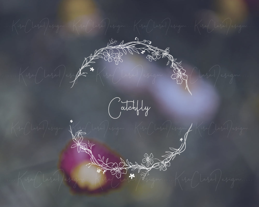 Hand-drawn Catchfly (Campion) floral wreath vector and clipart illustration in black and white for digital download.