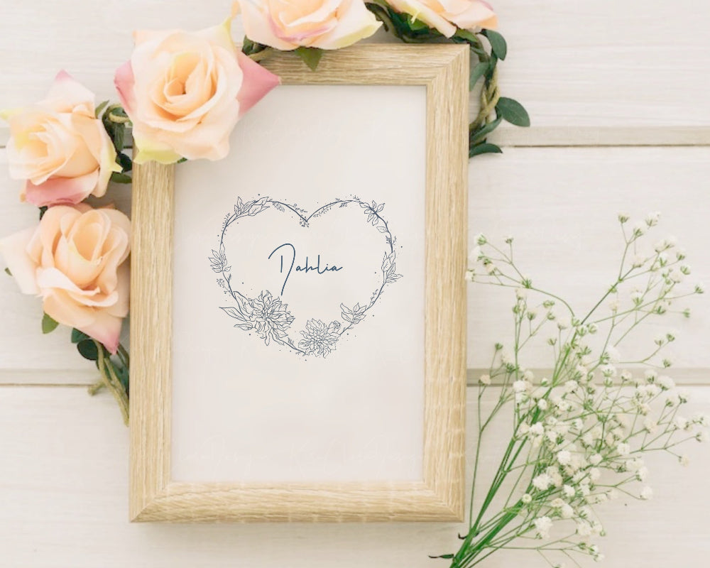 Hand-drawn Dahlia floral wreath black and white vector illustration for digital download.