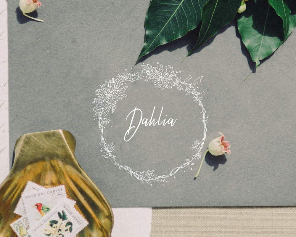Hand-drawn Dahlia floral wreath vector and clipart illustration in black and white for digital download.
