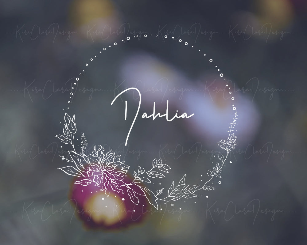 Hand-drawn Dahlia floral wreath vector and clipart illustration in black and white for digital download.