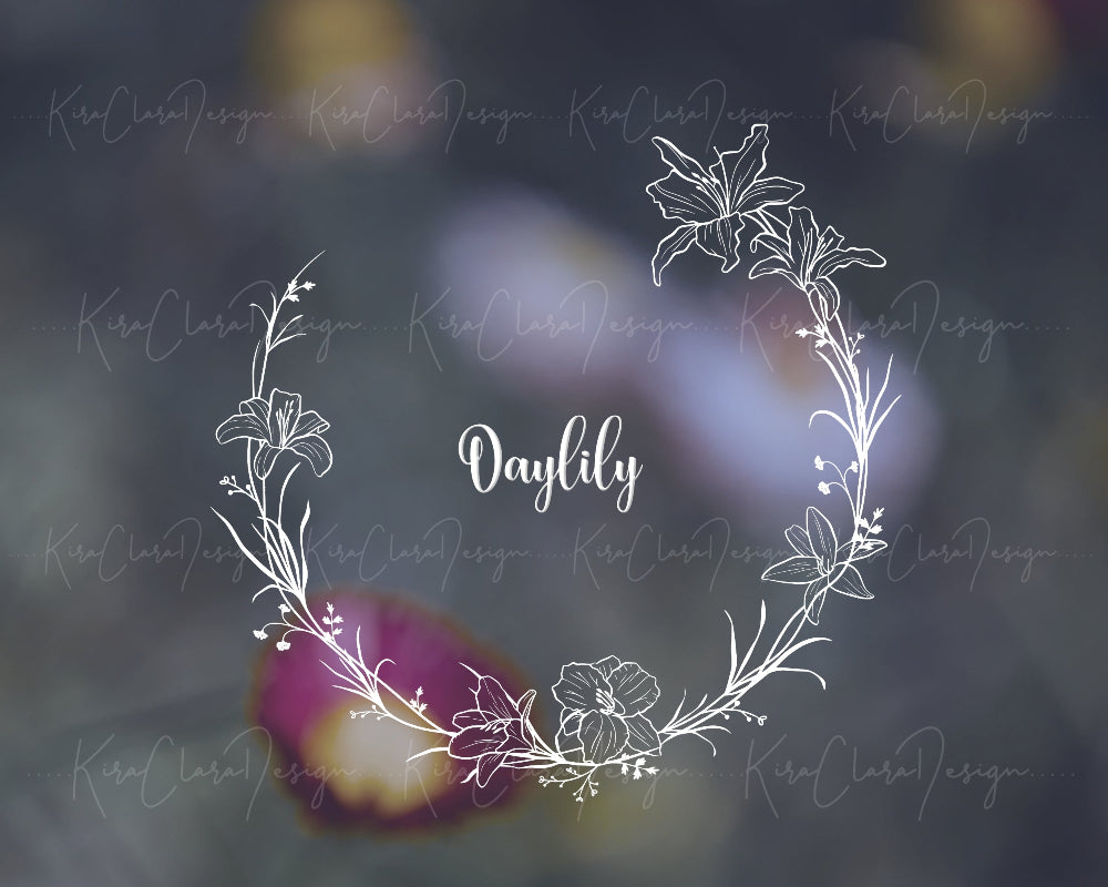 Hand-drawn Daylily floral wreath vector and clipart illustration in black and white for digital download.