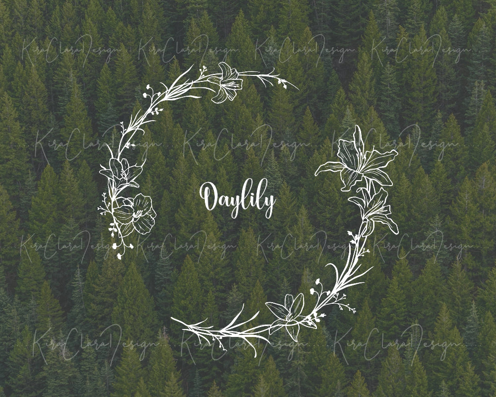 Hand-drawn Daylily floral wreath vector and clipart illustration in black and white for digital download.