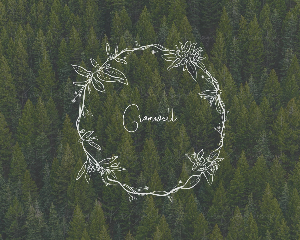 Hand-drawn Gromwell floral wreath vector and clipart illustration in black and white for digital download.
