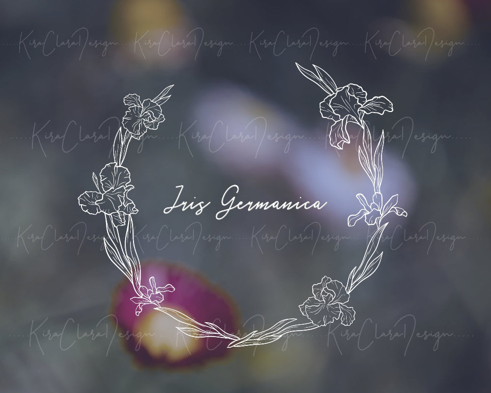 Hand-drawn Iris Germanica floral wreath vector and clipart illustration in black and white for digital download.