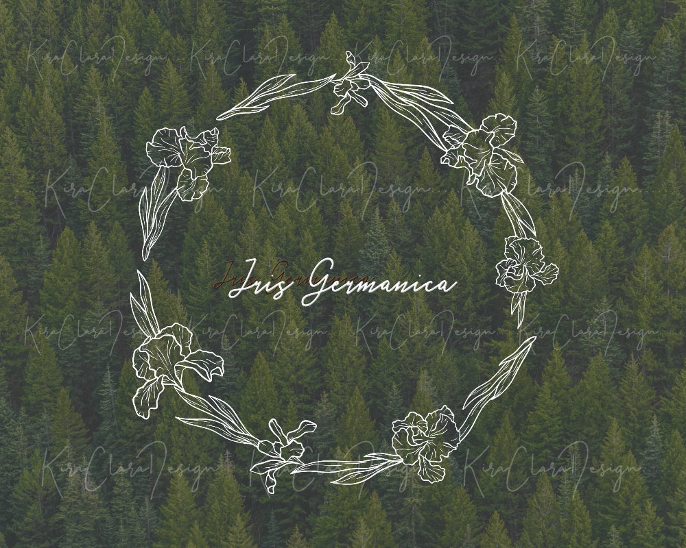 Hand-drawn Iris Germanica floral wreath vector and clipart illustration in black and white for digital download.