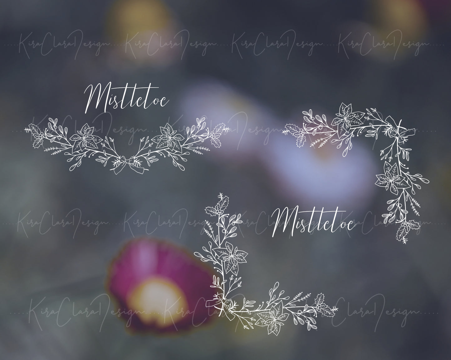 Christmas Mistletoe & Poinsettia Square Frame & Bottom Frame / Black & White Color