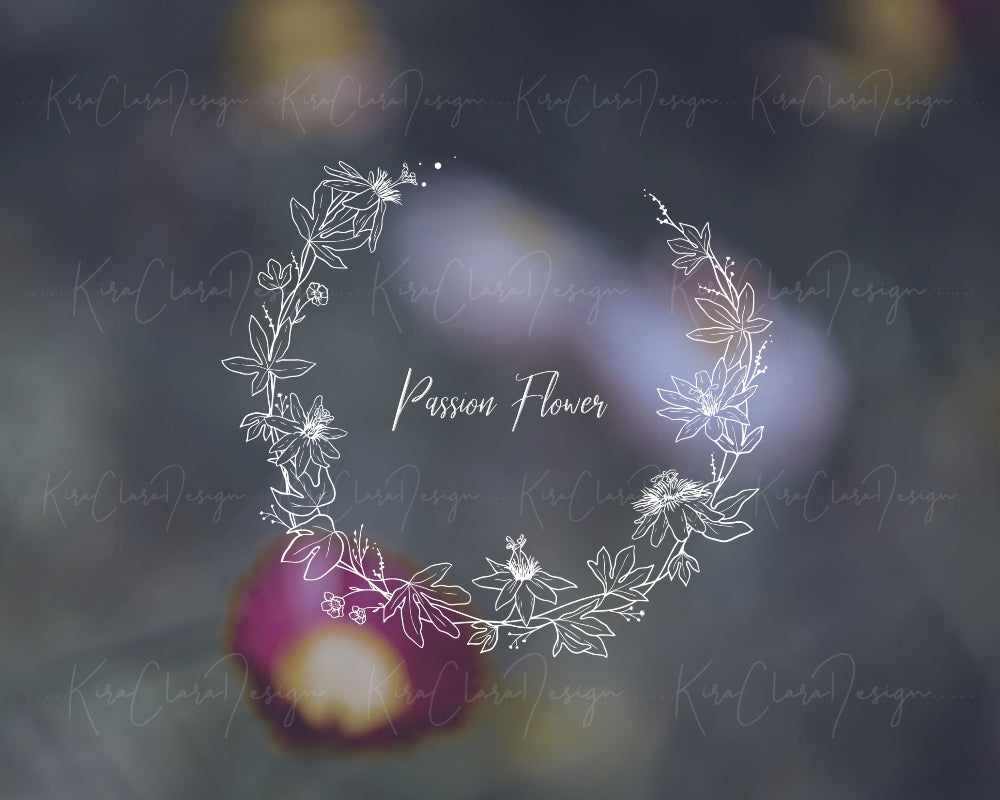 Hand-drawn Lathyrus (Sweet Pea) floral wreath vector and clipart illustration in black and white for digital download.