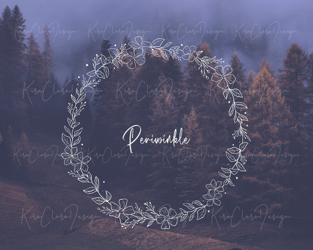 Hand-drawn Periwinkle floral wreath vector and clipart illustration in black and white for digital download.