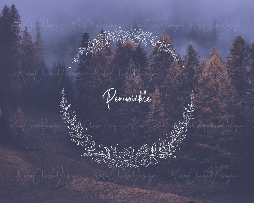 Hand-drawn Periwinkle floral wreath vector and clipart illustration in black and white for digital download.