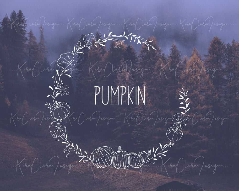 Hand-drawn Fall Pumpkin botanical wreath vector and clipart illustration in black & white for digital download.