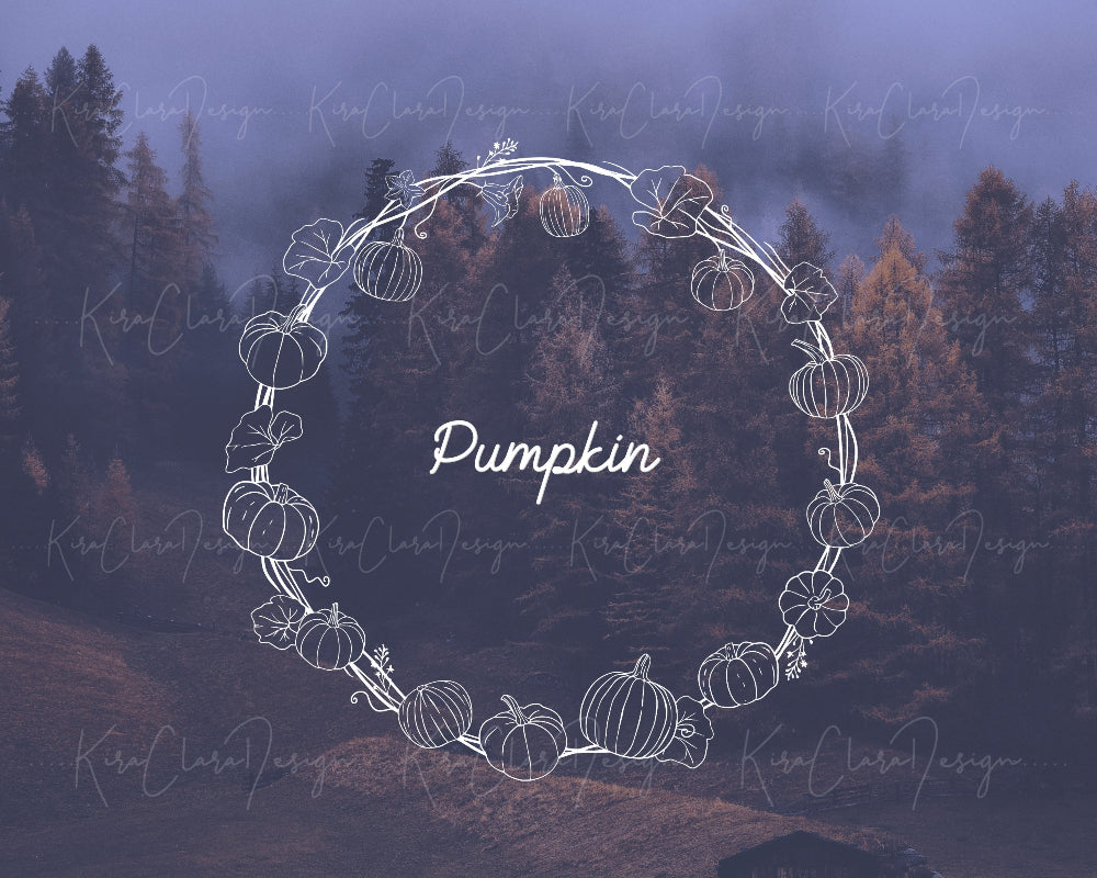Hand-drawn Fall Pumpkin botanical wreath vector and clipart illustration in black & white for digital download.