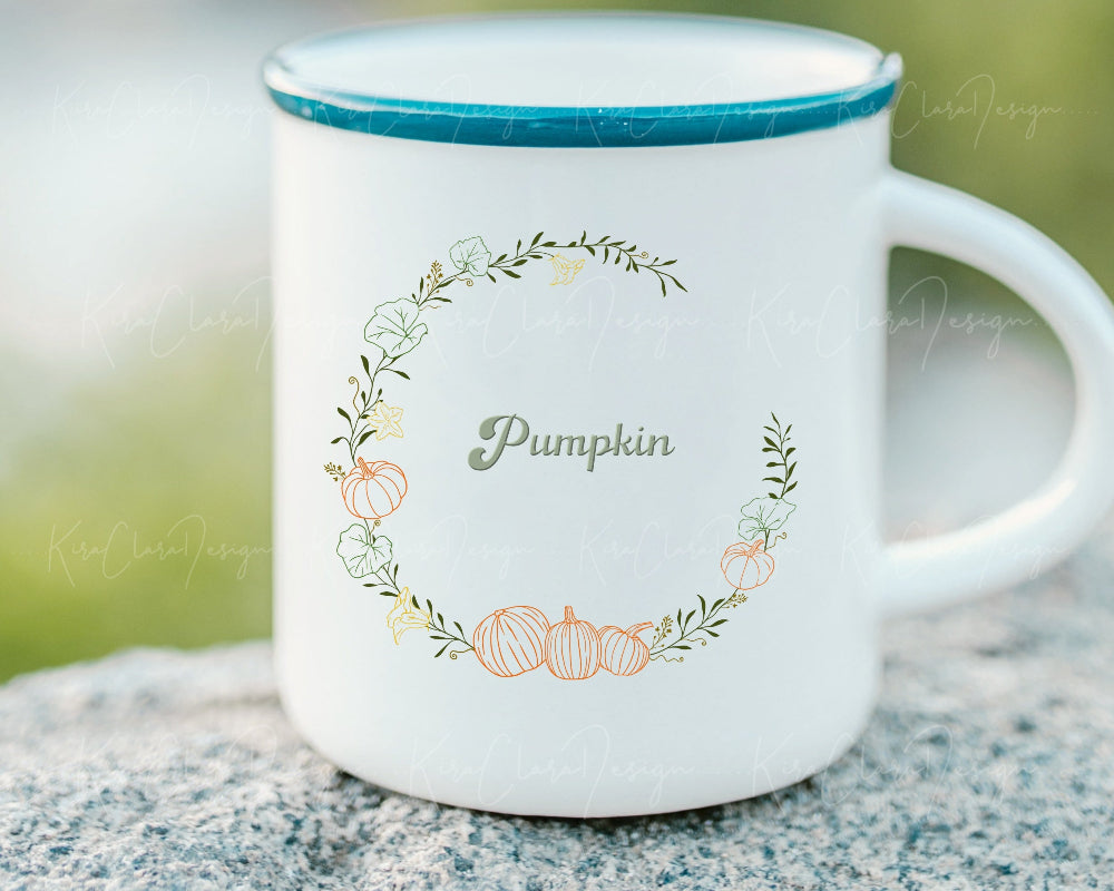Hand-drawn Fall Pumpkin botanical wreath vector and clipart colored illustration for digital download.