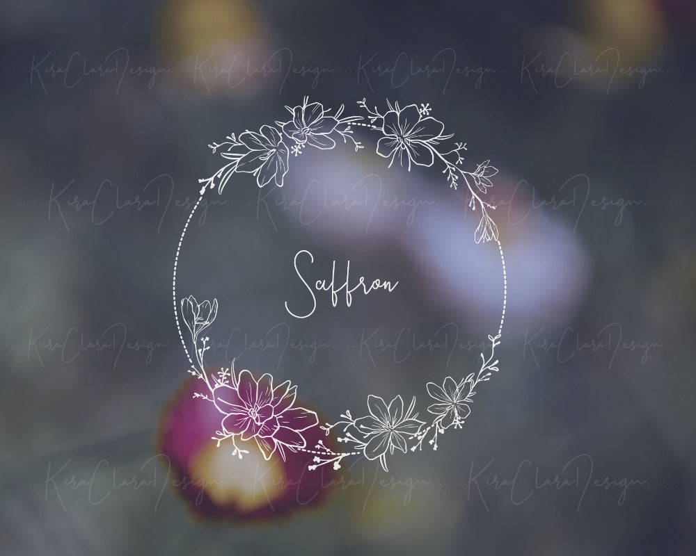 Hand-drawn Saffron (Autumn Crocus) floral wreath vector and clipart illustration in black and white for digital download.