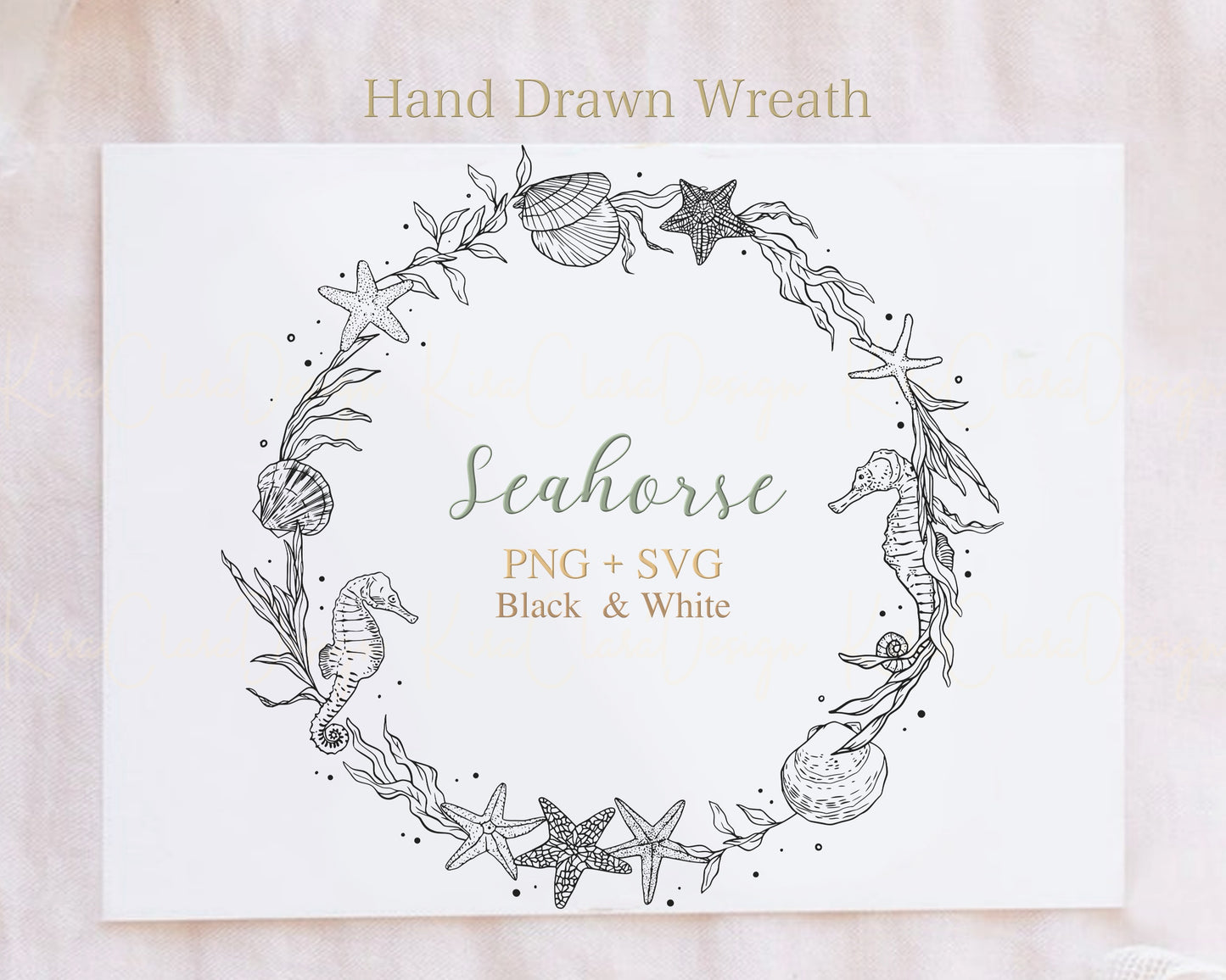 Seahorse (Sea Creatures) Wreath Clipart / Black & White