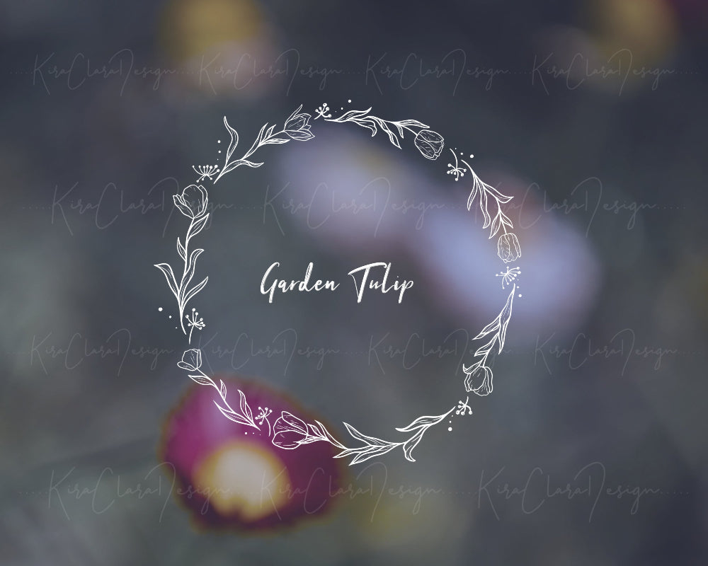 Hand-drawn Garden Tulip floral wreath vector and clipart illustration in black and white for digital download.