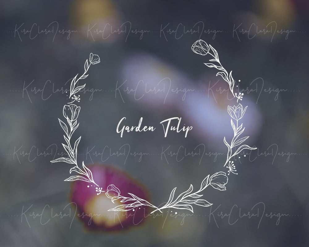 Hand-drawn Garden Tulip floral wreath vector and clipart illustration in black and white for digital download.