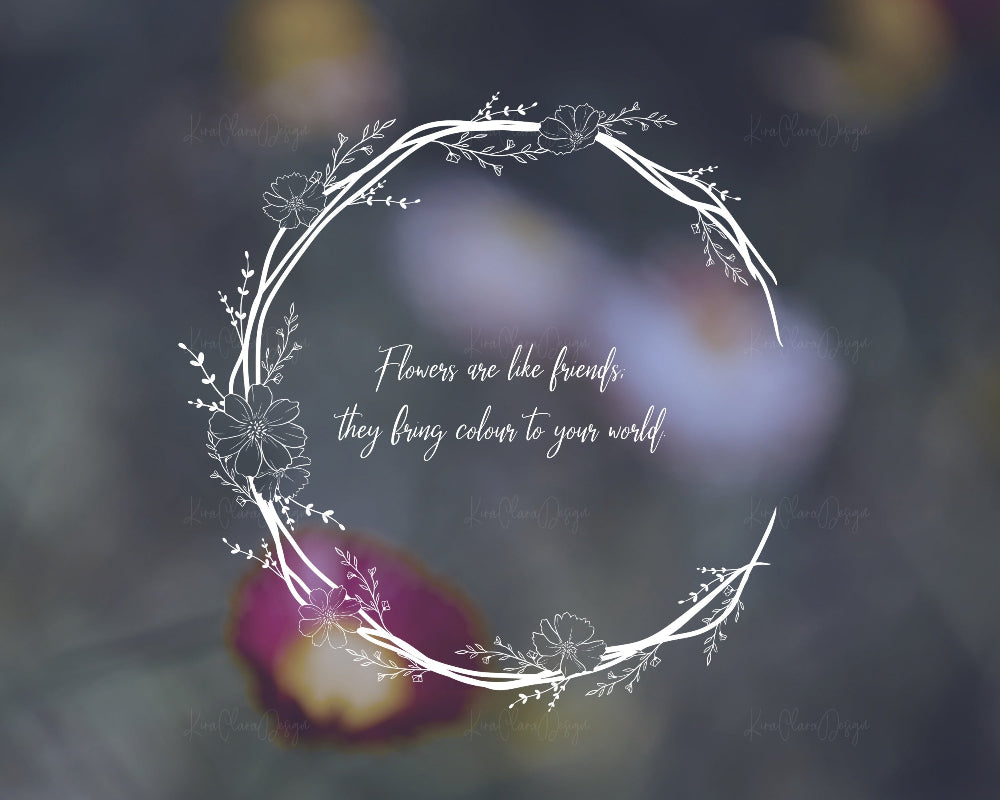 Hand-drawn Cosmos floral wreath vector and clipart illustration in black and white for digital download.
