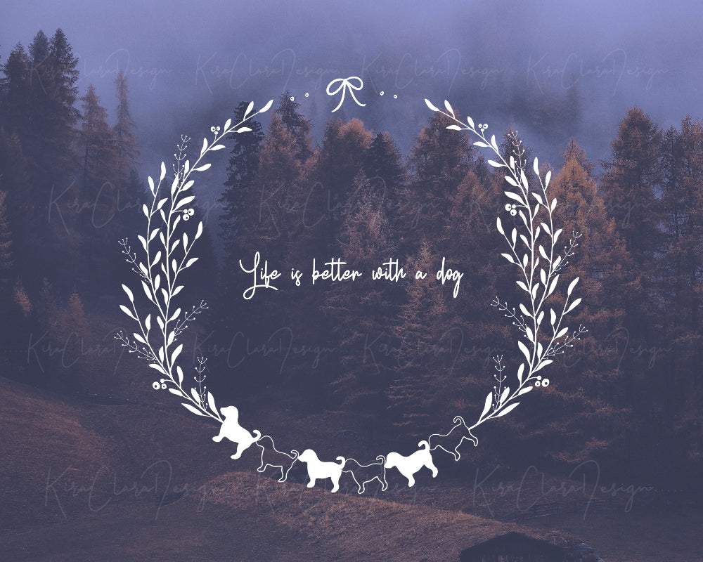 Hand-drawn Dog & Leaf botanical wreath vector and clipart illustration for digital download.