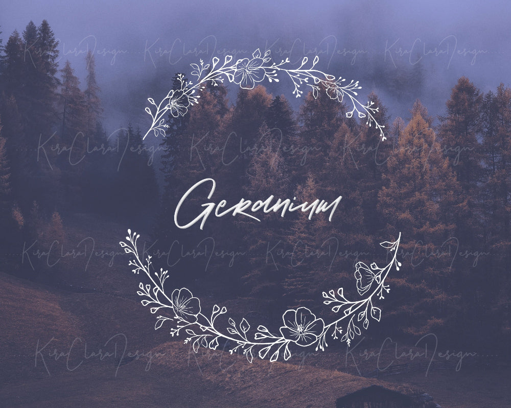 Hand-drawn Geranium floral wreath vector and clipart illustration in black and white for digital download.