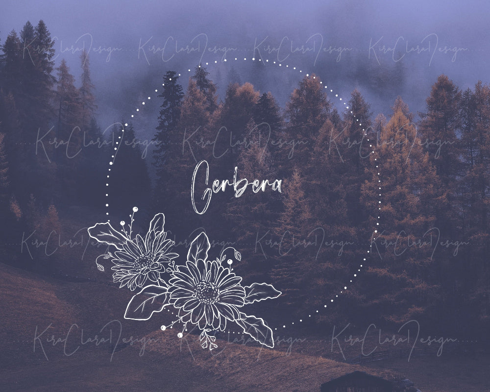 Hand-drawn Gerbera floral wreath vector and clipart illustration in black and white for digital download.
