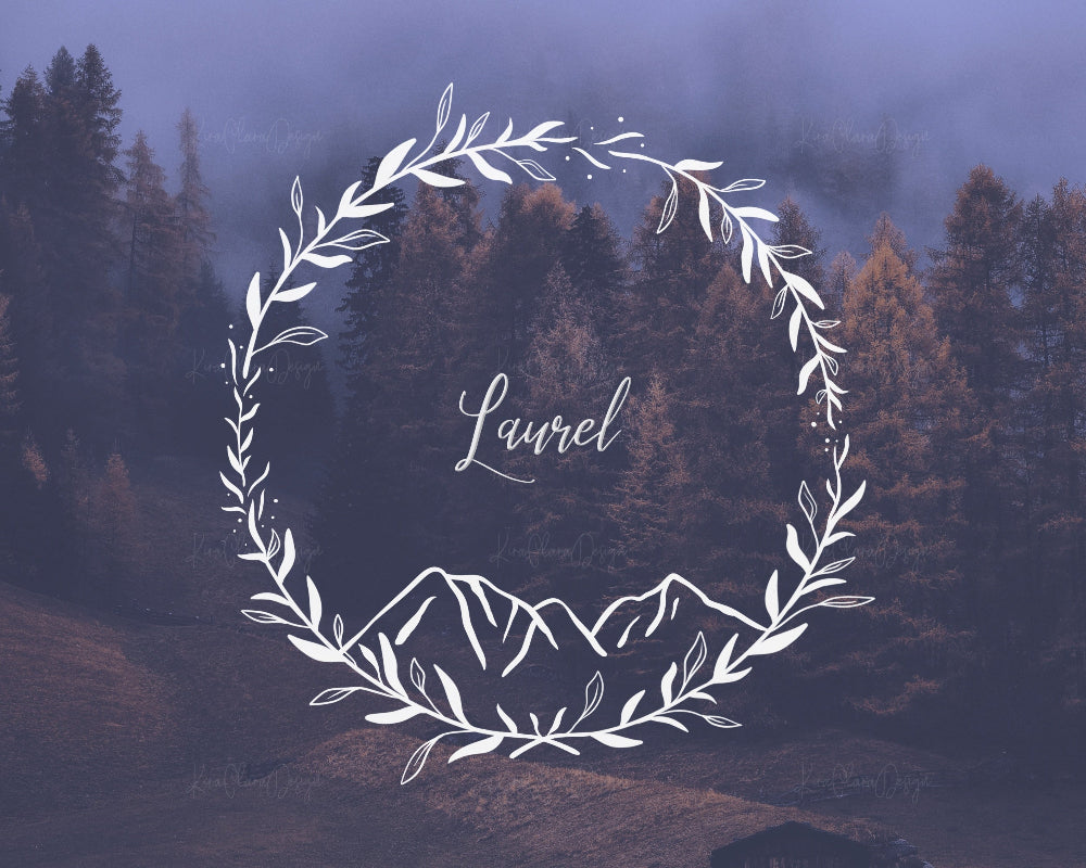 Hand-drawn Laurel Leaf & Mountain botanical wreath vector and clipart illustration in black and white for digital download.
