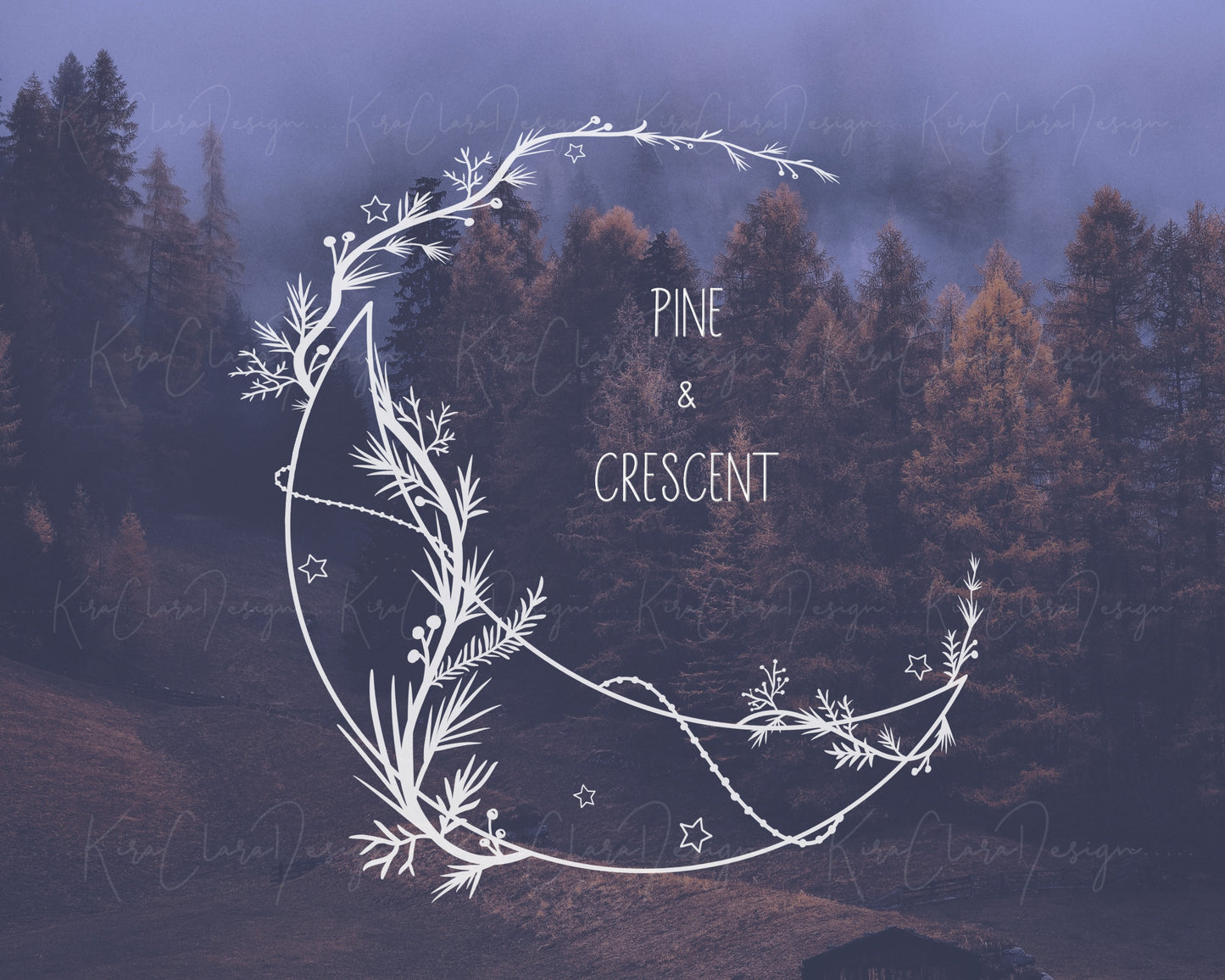 Pine Leaf & Moon Wreath Clipart SVG